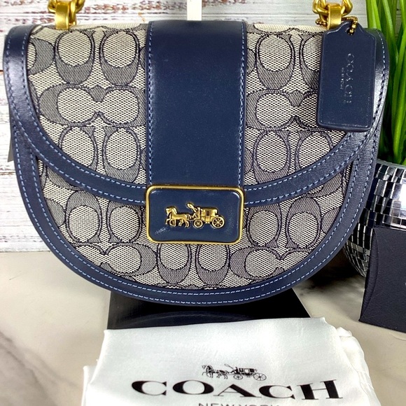 Coach Alie Saddle Crossbody Bag Navy Blue and Gold Signature Jacquard Purse - Picture 4 of 13